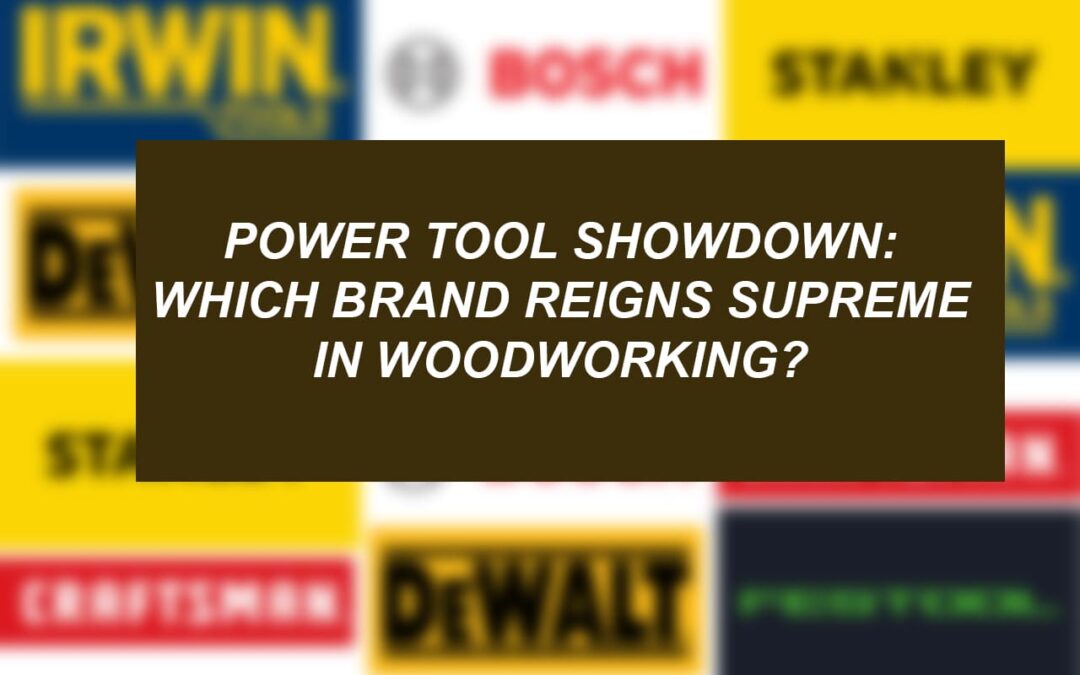 A collection of power tools representing different woodworking brands, including Bosch, Dewalt, Makita, Milwaukee, Festool, Ridgid, Hitachi, Ryobi, Craftsman, and Black+Decker.